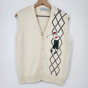 VTG IZOD Mens Beige Golf‎ Argyle Knit Vest Size L Preppy Heritage Diamond Golfer